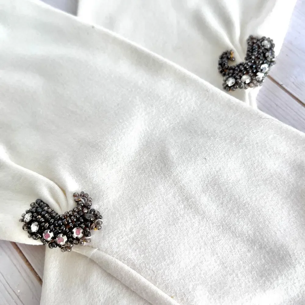Vintage Mid-Length Fabric Gloves Off-White Embellished Wrist Elvette by Dawnelle